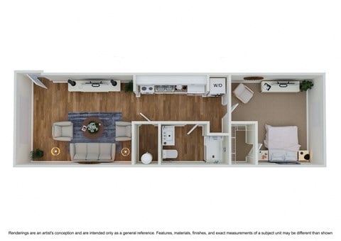 Floor plan for 1 bed, 1 bath, 634 sqft
